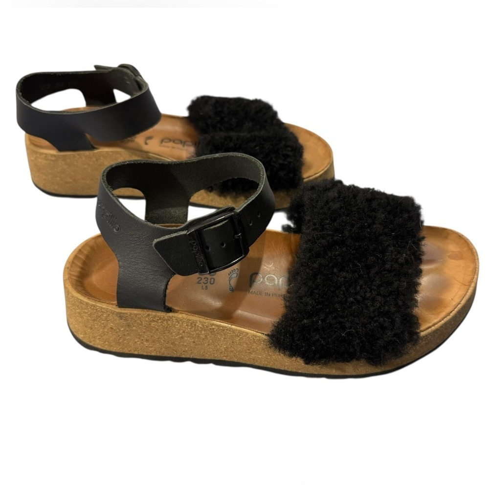 Papillio Black Shearling Platform Sandals US L5 EU 36 Ankle Strap